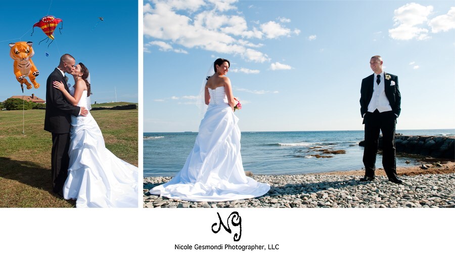 bride and groom formal wedding photos taken at Brenton point in Newport ri