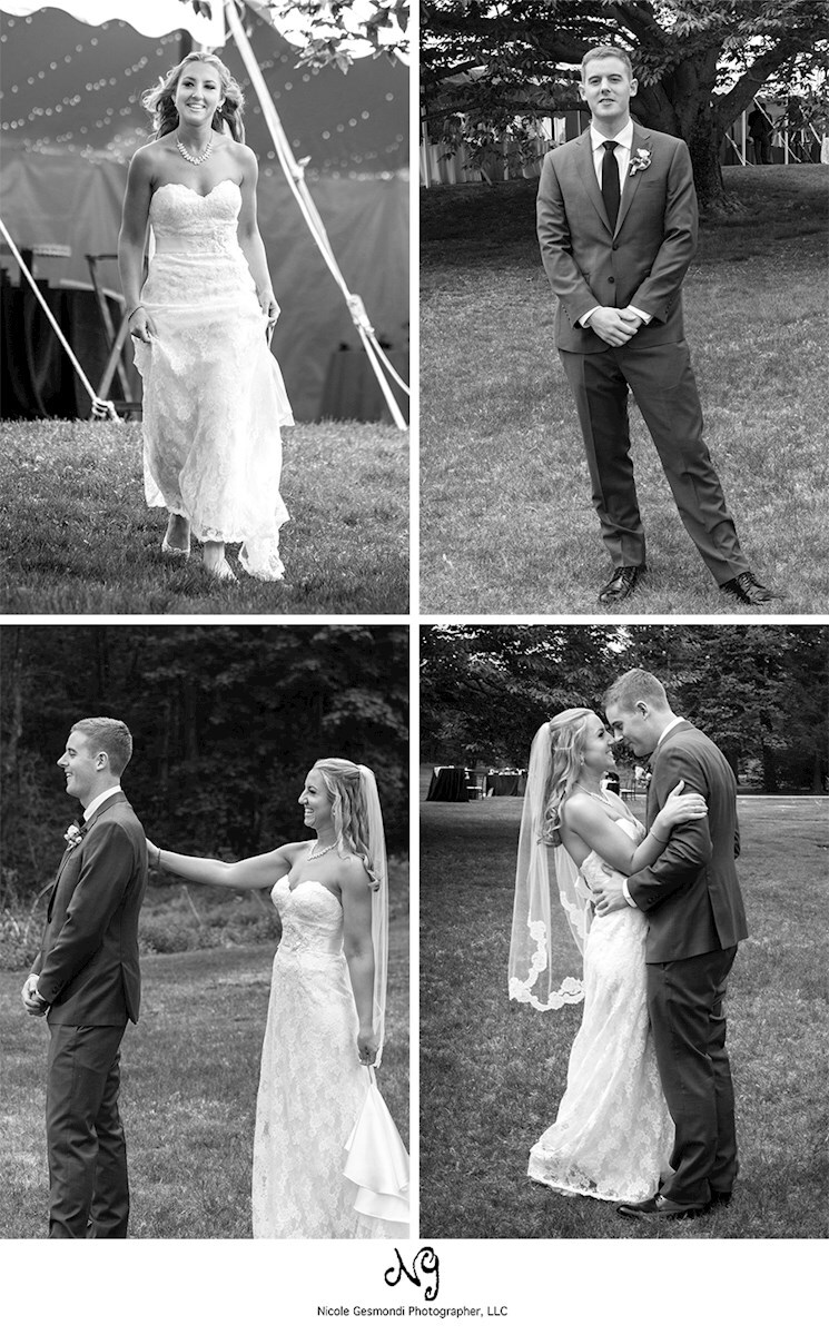 black and white wedding first look photos