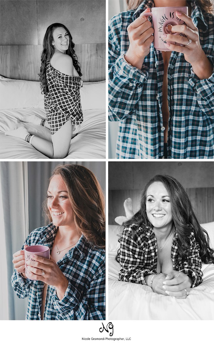 Woman wearing her fiancé's plaid shirt during a boudoir photo session