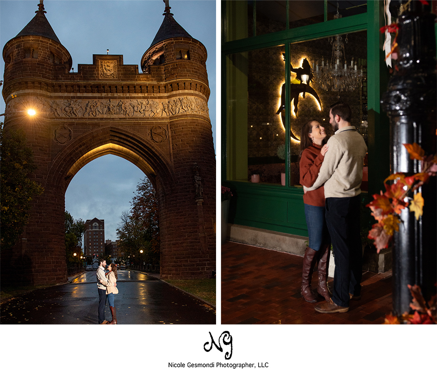 nighttime engagement photos in downtown Hartford, CT