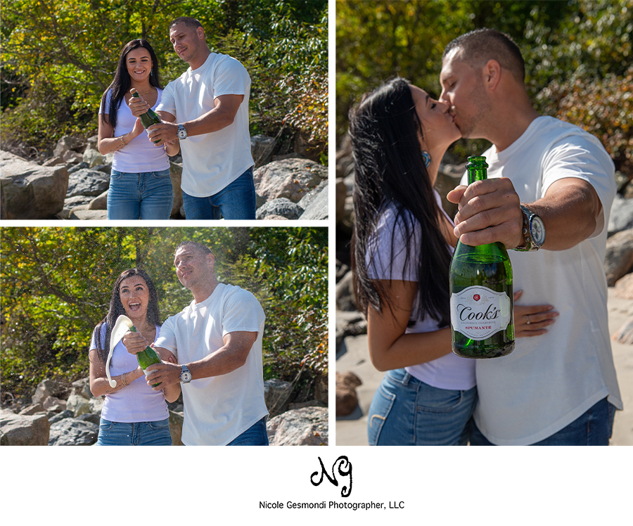 champagne toast during beach engagement photos