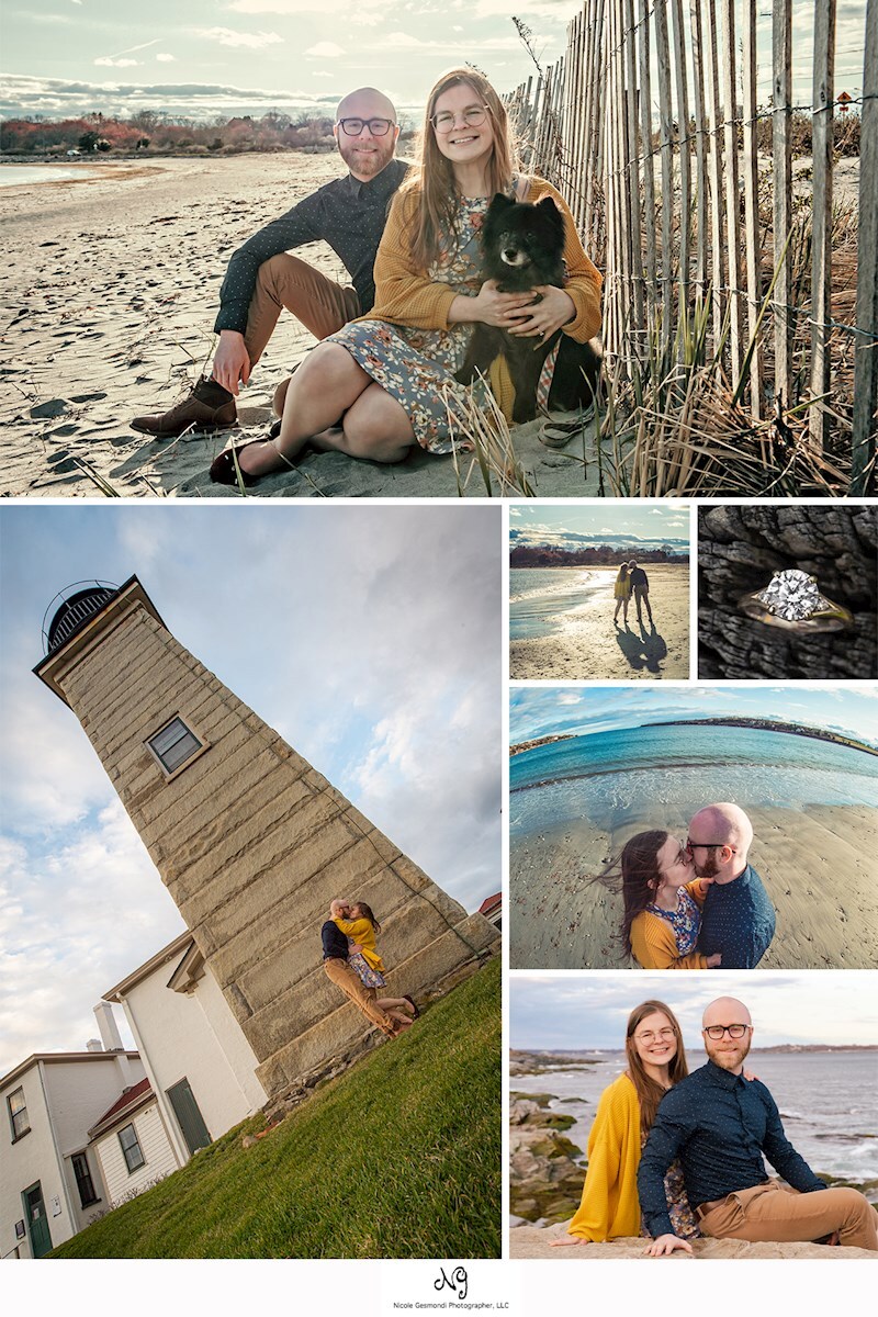 collage of engagement photos at Beavertail State Park in Jamestown RI