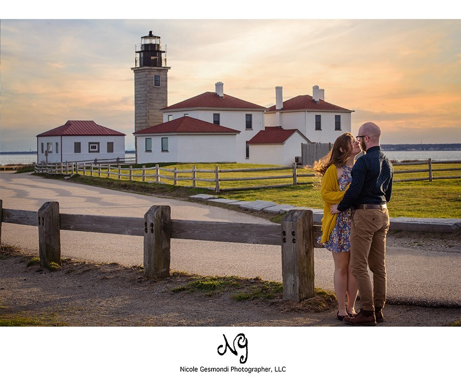 Sunset engagement photos at Beavertail Lighthouse Jamestown RI
