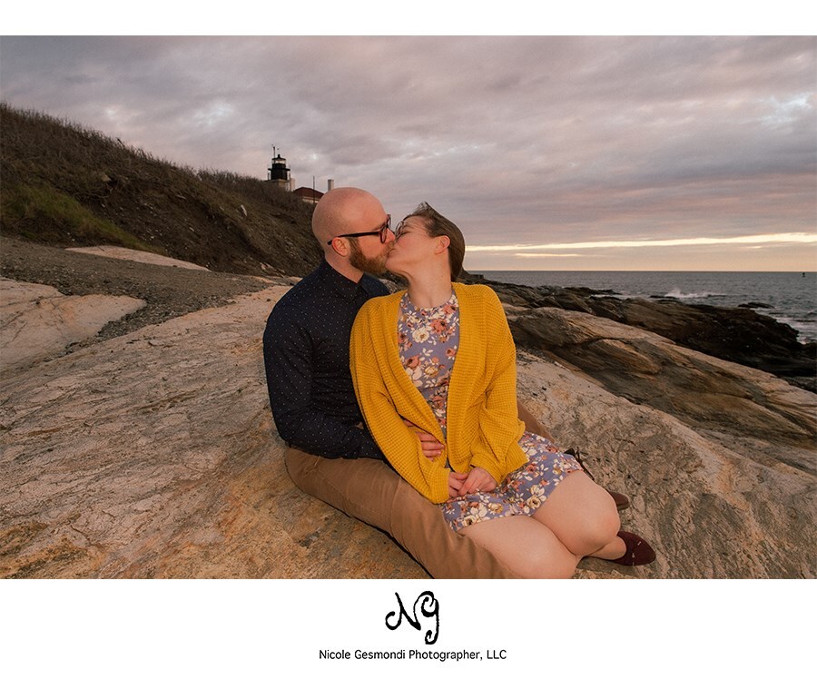 Gorgeous sunset engagement photo by Beavertail State Park