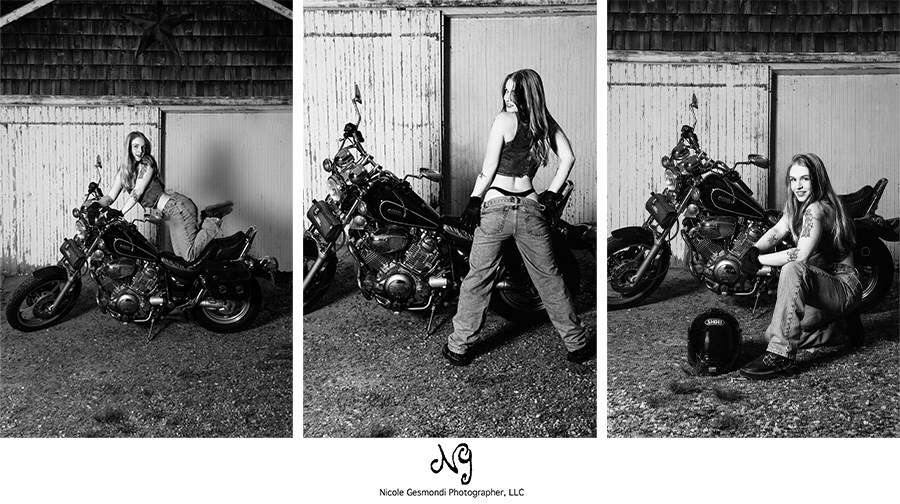 Black and white motorcycle boudoir outdoor shoot
