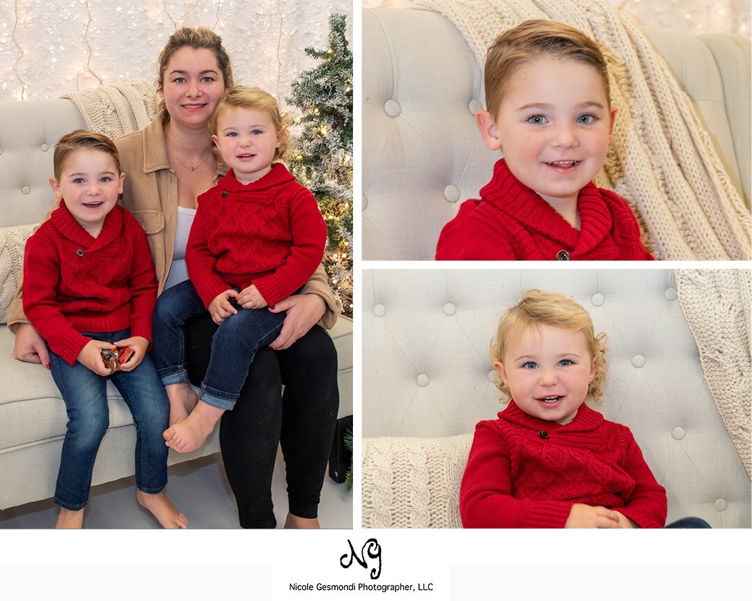 holiday studio photos of two bothers in red sweaters