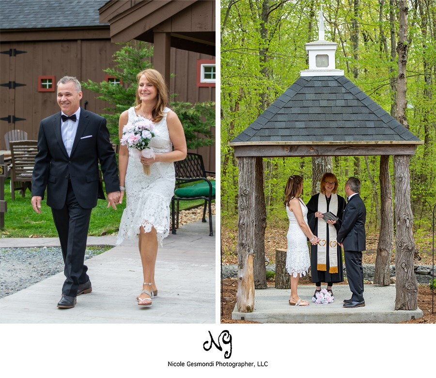 Rustic wedding ceremony at five bridge inn in rehobeth MA