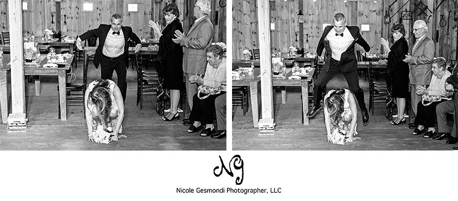 black and white photo of bride and groom entering their reception