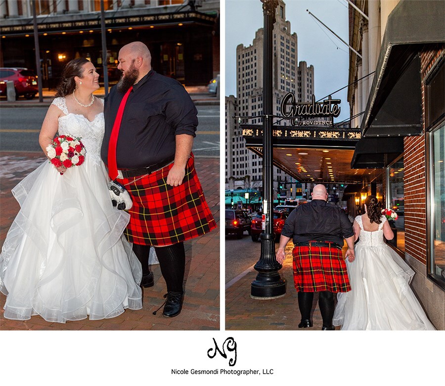 bride and groom wearing red and black wedding colors