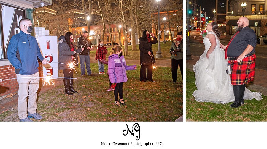 Surprise sparkler exit for graduate hotel providence bride and groom
