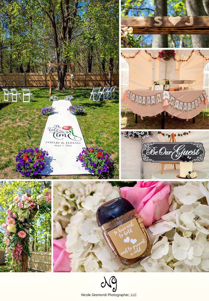 beauty and the beast themed backyard wedding ceremony