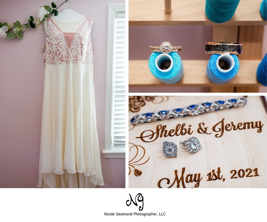 wedding getting ready photos of wedding dress and rings