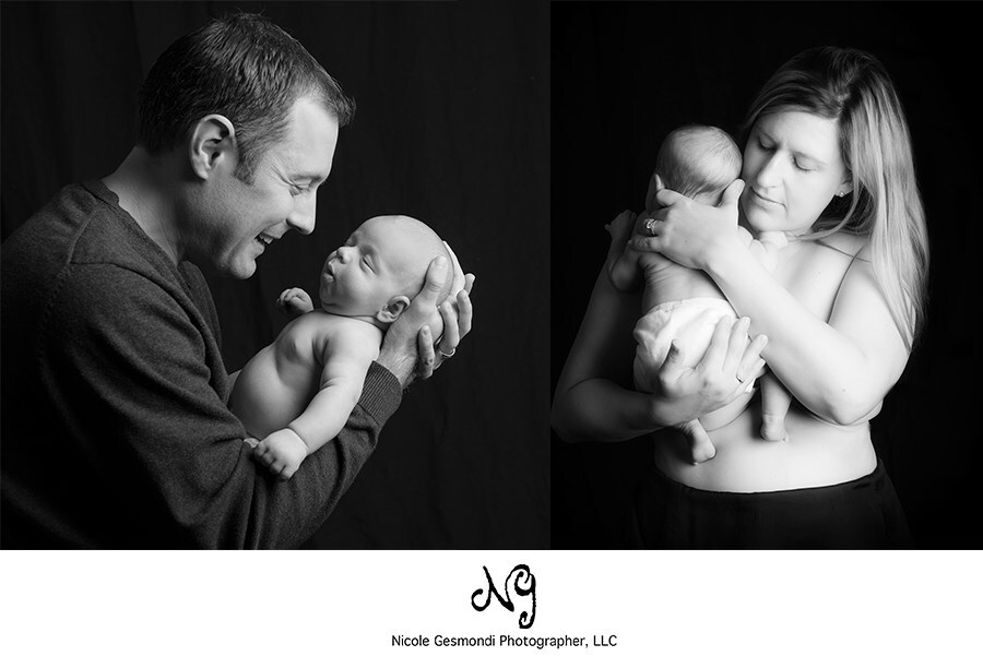 black and white newborn photos of parents with baby