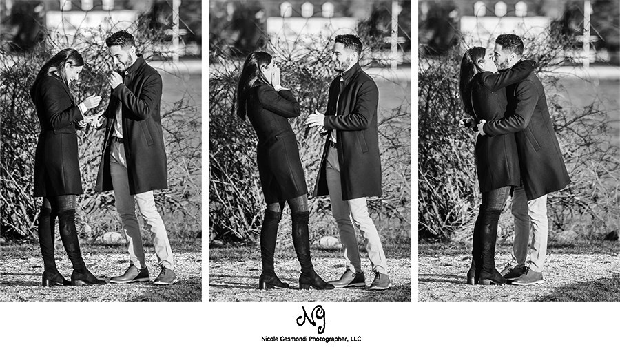 black and white photo of couple proposal Newport RI