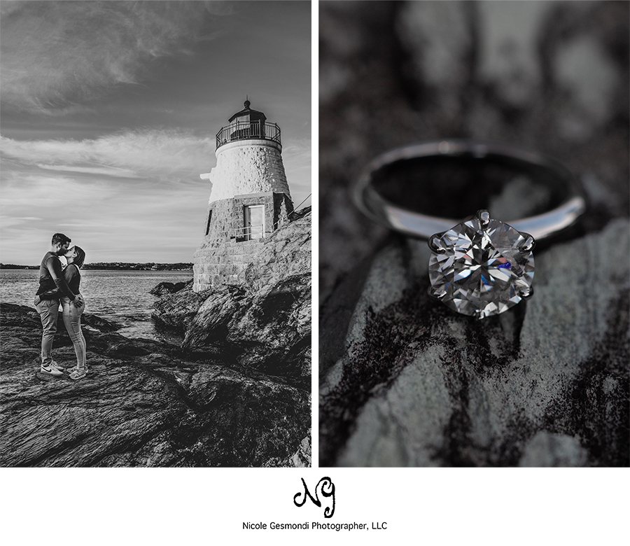 timeless and authentic black and white Newport proposal castle hill lighthouse photos