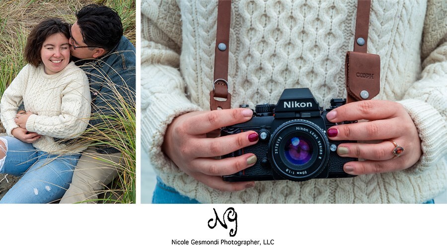 nikon vintage camera as photo prop in engagement photos