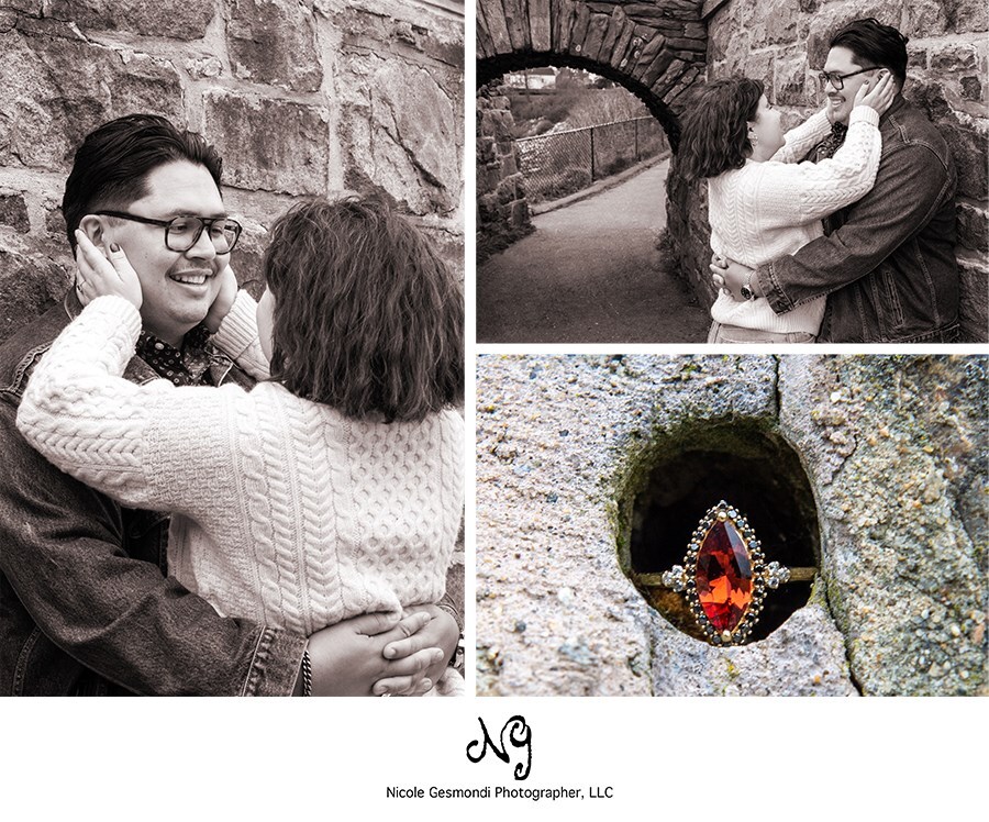 engagement photos by the stone wall on the cliff walk in newport ri