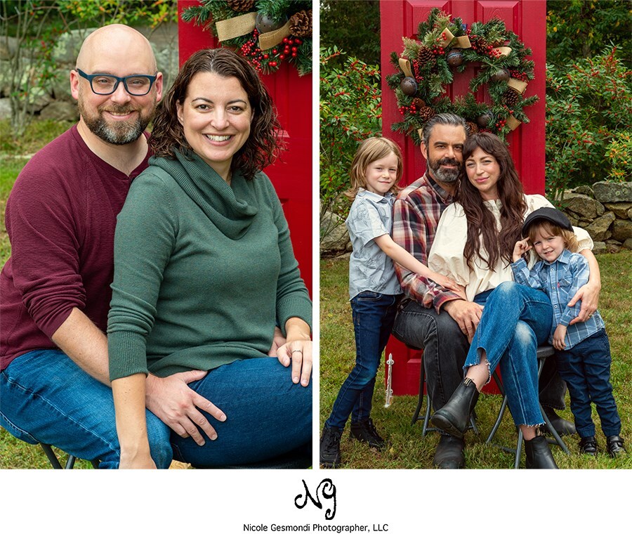 husband and wife in front of a red door with a wreath