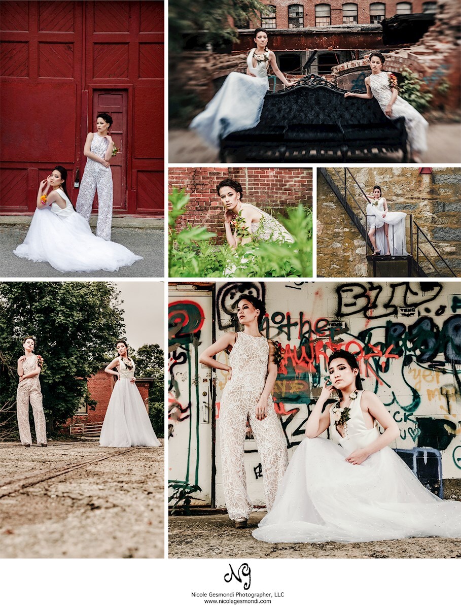 colorful edge and industrial same sex styled bridal photos