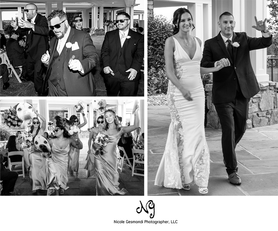 black and white wedding party reception introductions at Fox Hopyard Golf Club