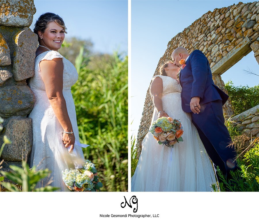 bride and groom along Narragansett sea wall in RI