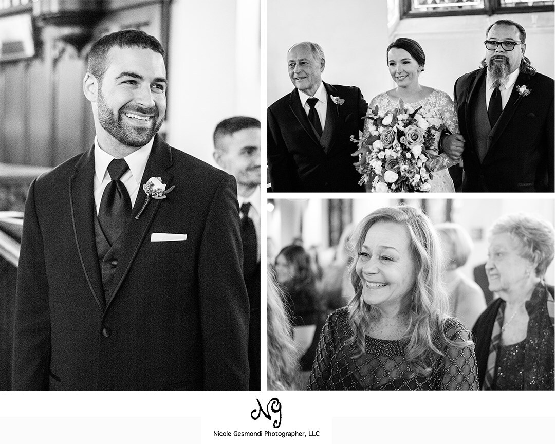 black and white wedding photos in trinity church Cranston ri