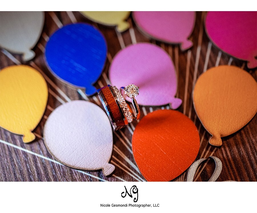 close up photo of bride and groom wedding rings on balloons