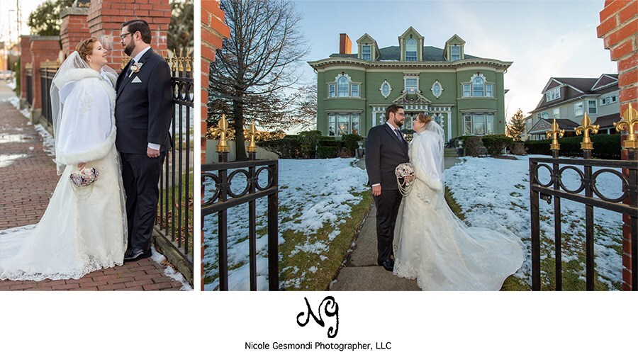Photo of the bride and groom in front of Edgewood Manor Cranston RI