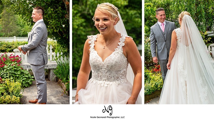 first look with bride and groom at five bridge inn