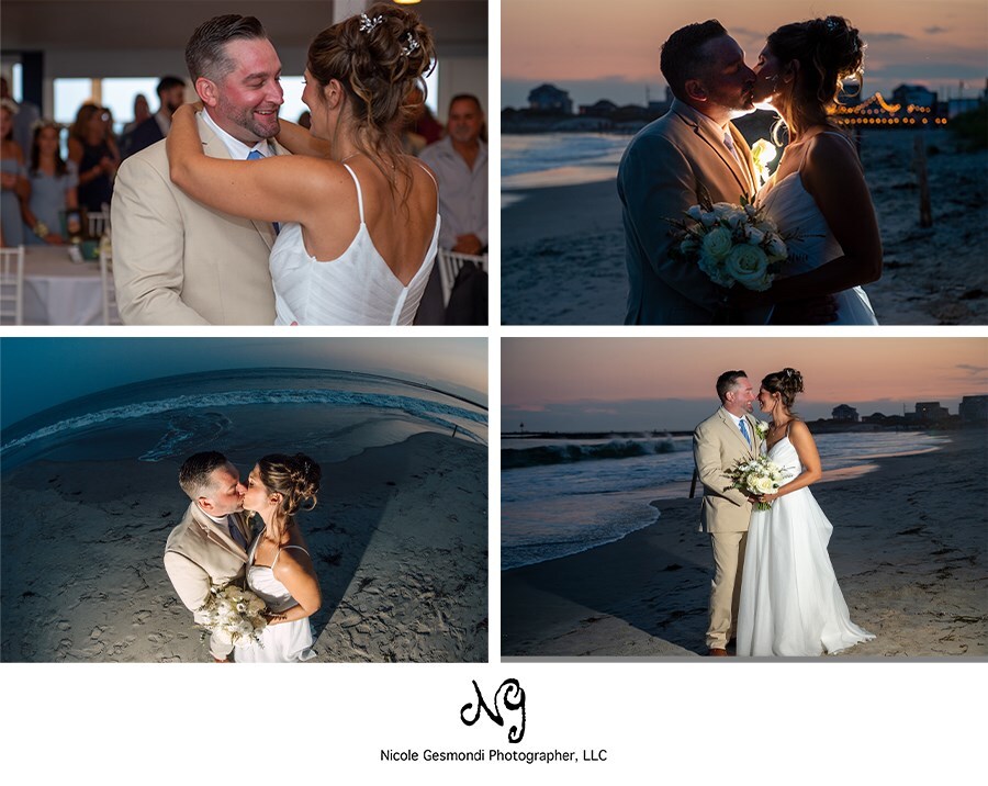 nighttime wedding portraits of bride and groom on the beach
