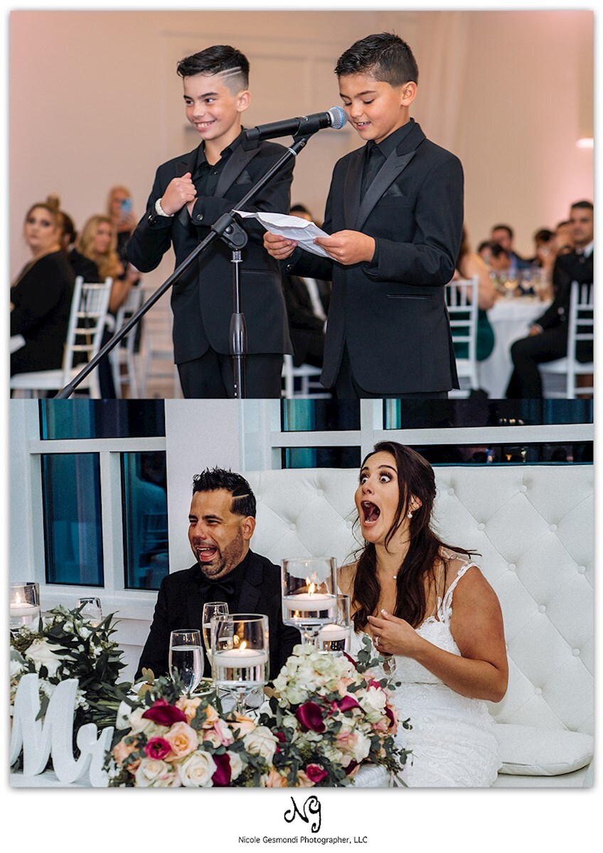 bride and groom's reaction to children giving the wedding toast
