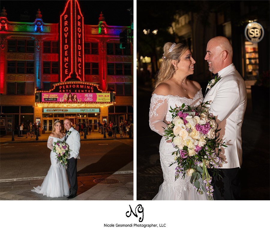 Bride and Groom in front of Providence PPAC neon sign
