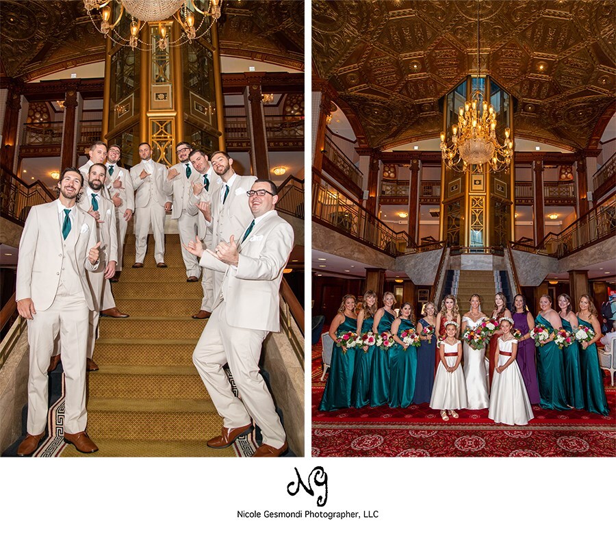 Bridal Party Wedding Photos in lobby of the Graduate Providence formerly the Providence Biltmore
