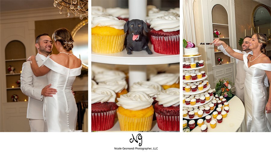 bride and groom cut their wedding cake at Wannamoisett Country Club Reception